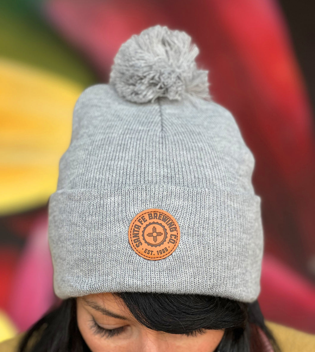 Pom Pom Beanie with Leather Patch